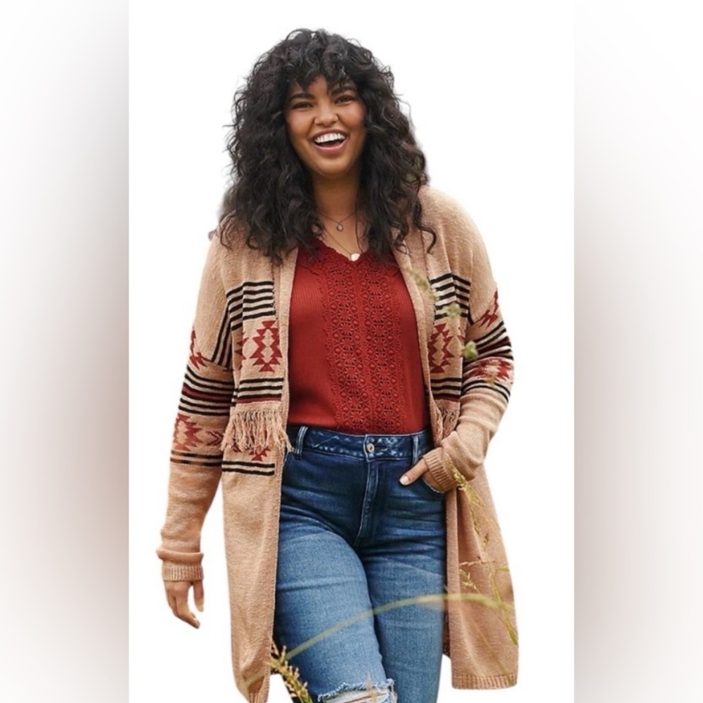 Maurices BNWOT Tan and Red & Black Sz. M AztecPatterned Cardigan W/Fringe- NWOT